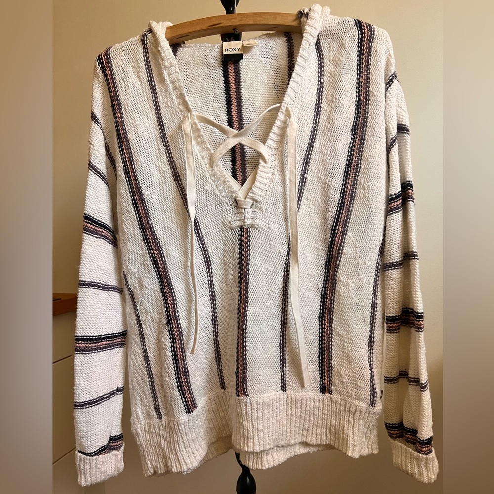 Roxy White with Purple Striped V-Neck Sweater